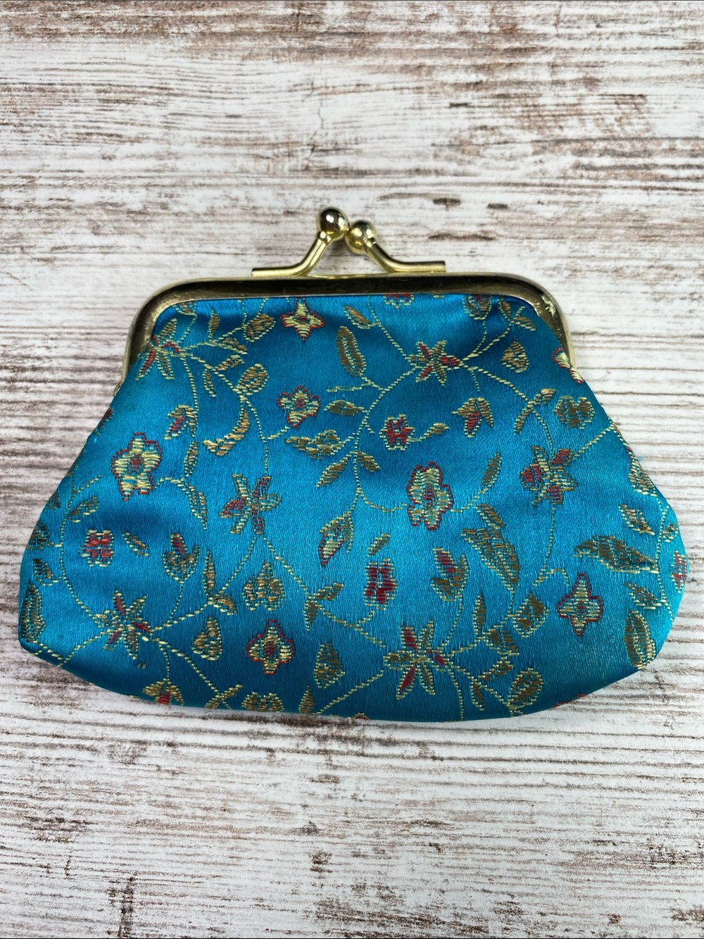 Vintage Blue Brocade Kiss Lock Coin Purse Floral Chinoiserie Retro Change Purse